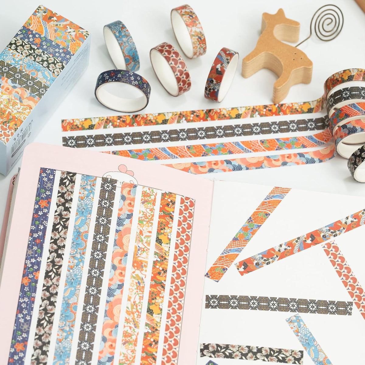 Japanese Washi Tape Set (10 Rolls) – Traditional Patterns & Ukiyo-e Floral Art, Aesthetic Decorative Masking Tape for Bullet Journaling, Planners, Scrapbooking & DIY Crafts (10mm x 2m)