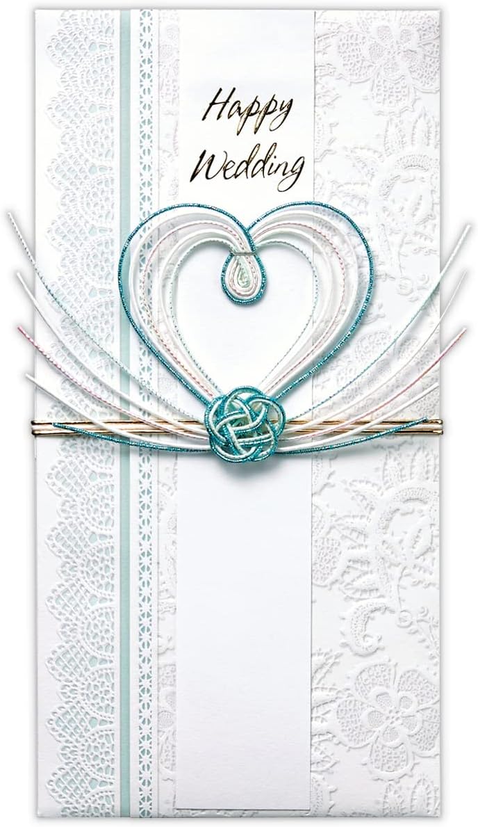 Slim Turquoise Blue Wedding Money Envelope | Heart-Shaped Mizuhiki Paper Knot Keepsake Holder | Embossed Japanese Cash & Gift Card Sleeve