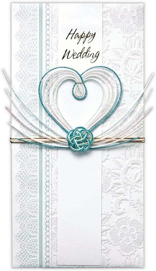 Slim Turquoise Blue Wedding Money Envelope | Heart-Shaped Mizuhiki Paper Knot Keepsake Holder | Embossed Japanese Cash & Gift Card Sleeve