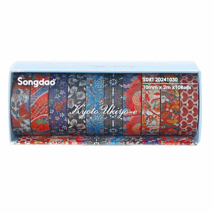 Japanese Washi Tape Set (10 Rolls) – Traditional Patterns & Ukiyo-e Floral Art, Aesthetic Decorative Masking Tape for Bullet Journaling, Planners, Scrapbooking & DIY Crafts (10mm x 2m)
