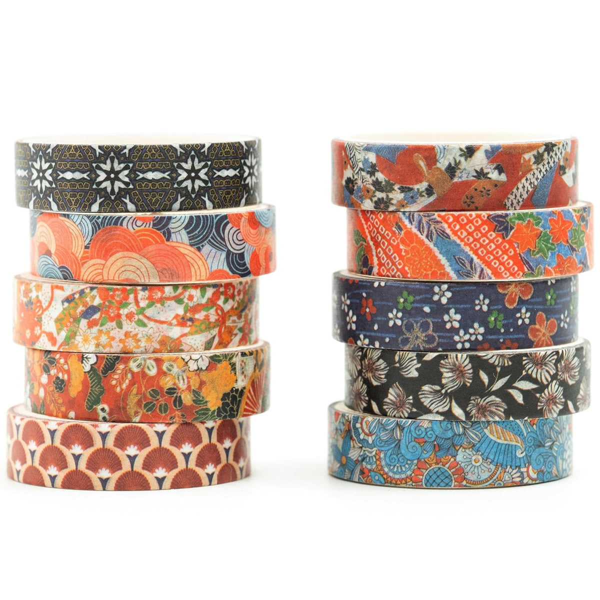 Japanese Washi Tape Set (10 Rolls) – Traditional Patterns & Ukiyo-e Floral Art, Aesthetic Decorative Masking Tape for Bullet Journaling, Planners, Scrapbooking & DIY Crafts (10mm x 2m)